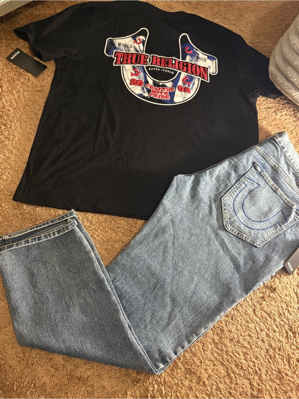 True Religion Men's Black Graphic Tee & Light Blue Relaxed Jeans Set